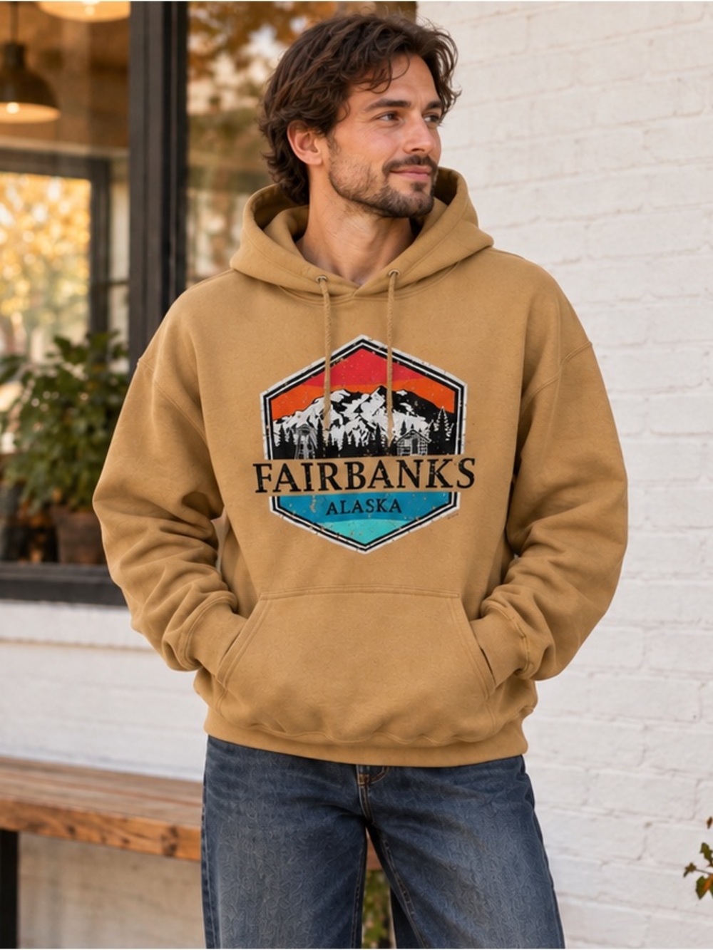 Gildan Fairbanks Alaska Mountain Graphic Hoodie Tan Large